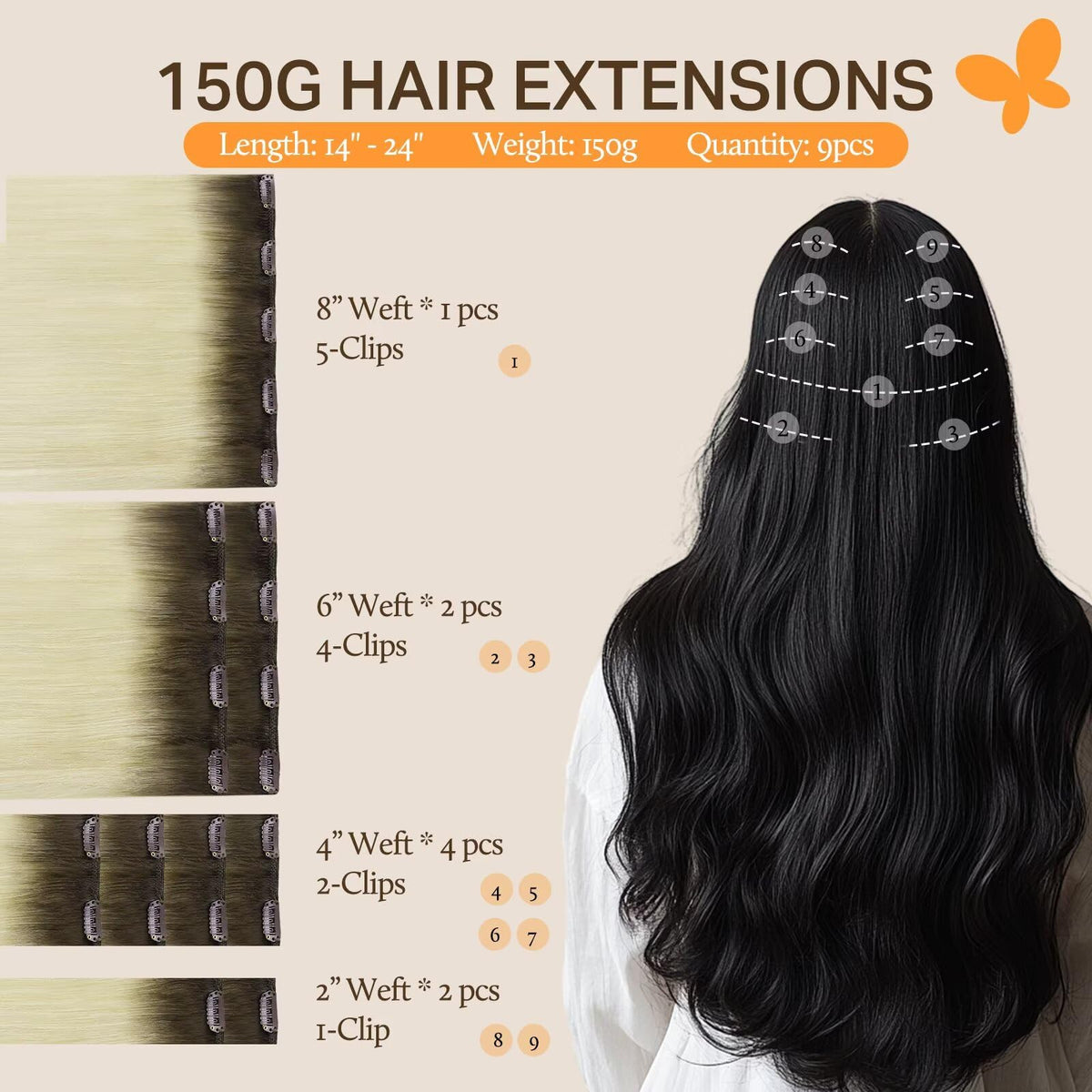 DOORES clip-in extensions cheveux humains en couleur brun