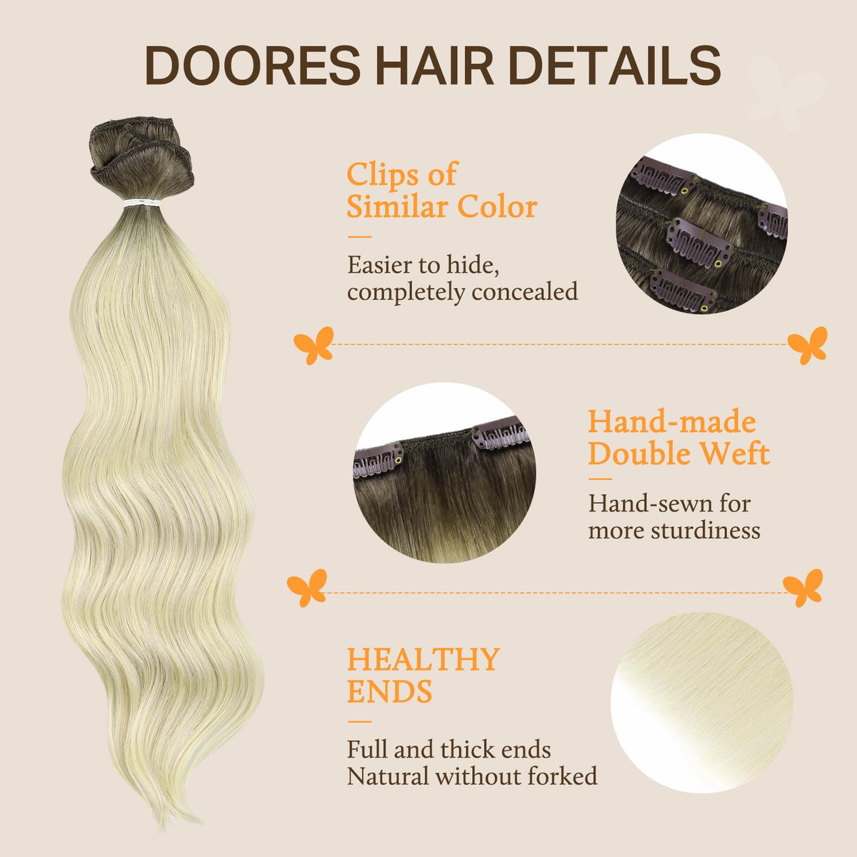 DOORES extensions capillaires en cheveux humains avec texture ondulée