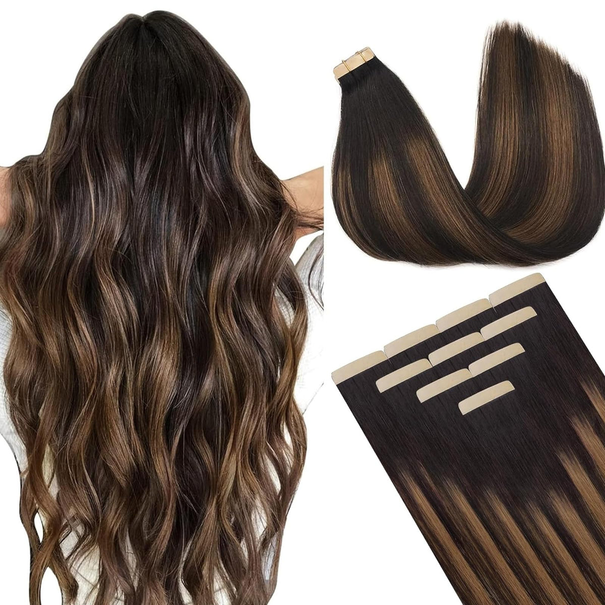 DOORES extensions de cheveux naturels à colle 20pcs, couleur brune, vue de face