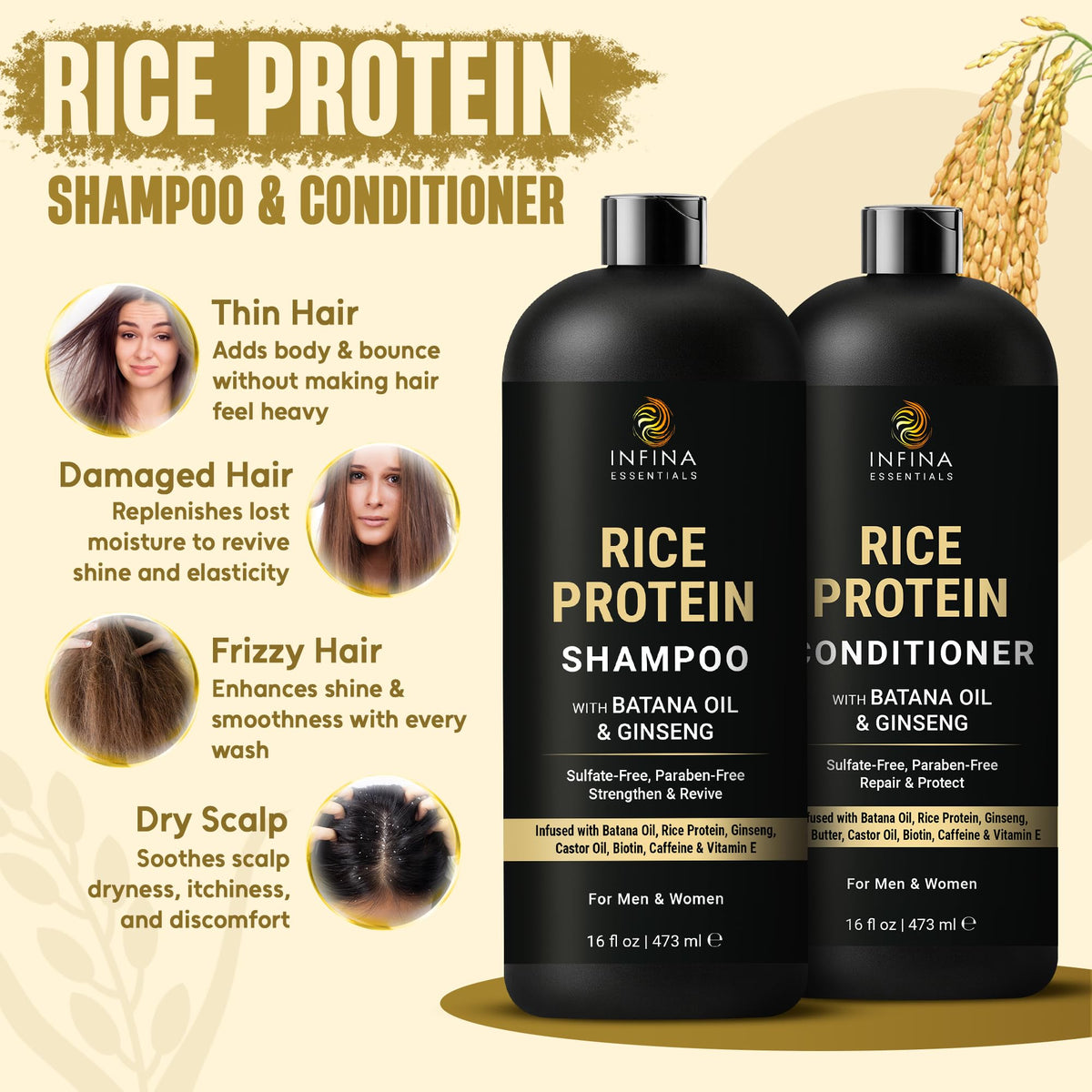 Dos du Shampoo et Après-shampoing Eau de Riz INFINA ESSENTIALS