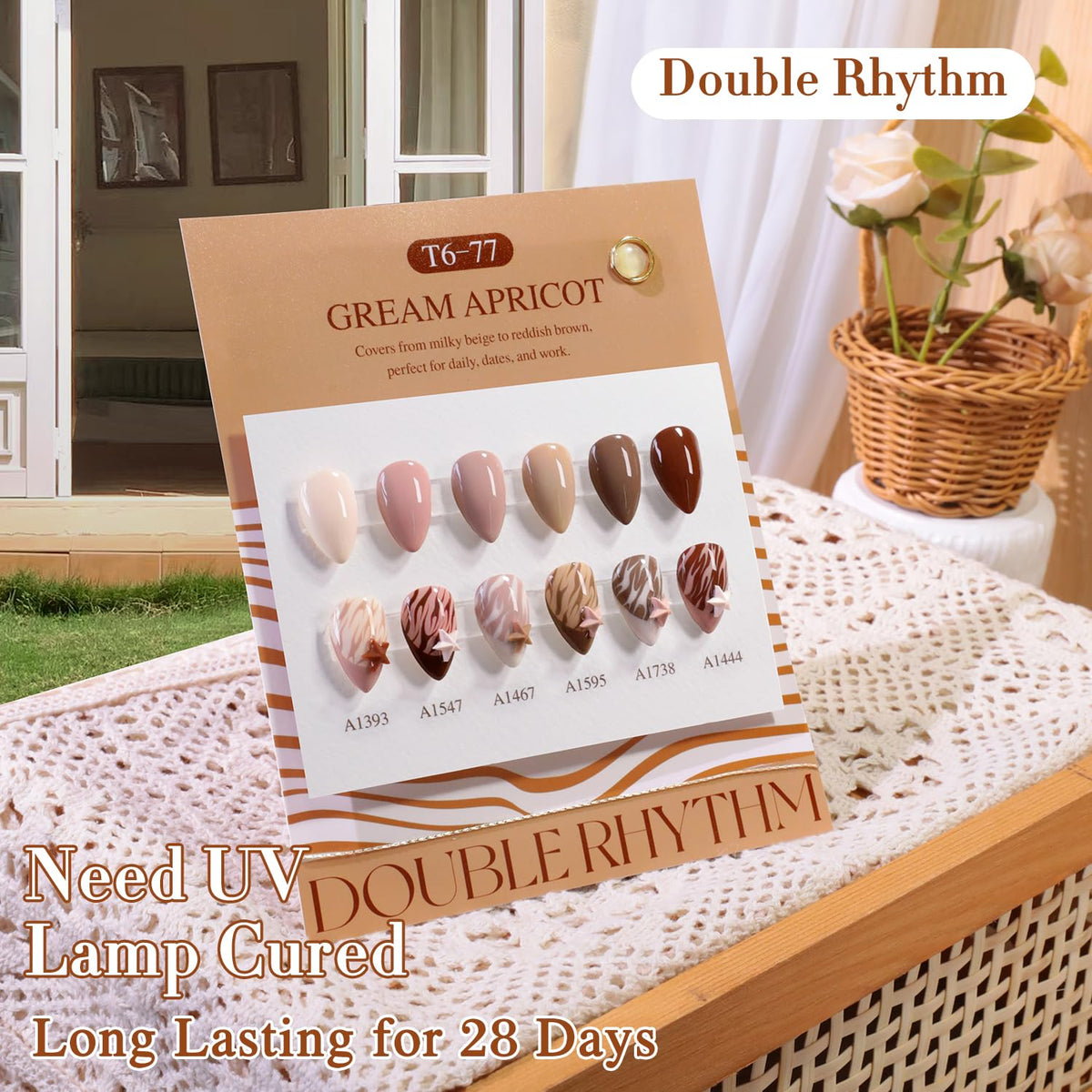 Double Rhythm Gel Polish Set 6 Pcs 15 ML en usage avec accessoires de manucure