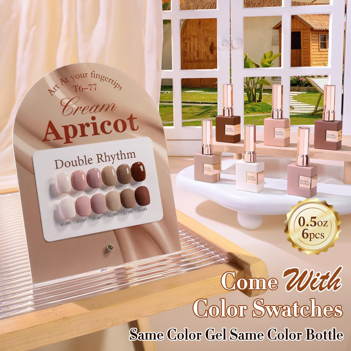 Double Rhythm Gel Polish Set 6 Pcs 15 ML flacons alignés sur une table