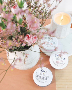 Dove Crème Beauté Nourrissante 4 pots avec fond neutre