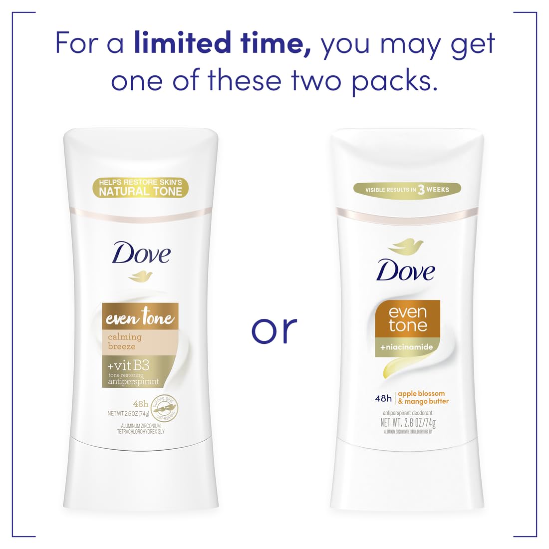 Dove Even Tone Antitranspirant Stick, côté avec détails des ingrédients