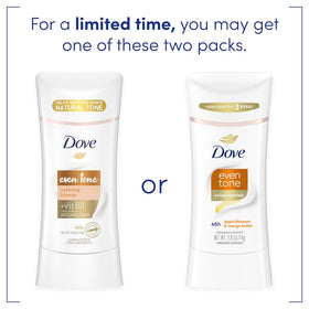 Dove Even Tone Antitranspirant Stick, côté avec détails des ingrédients