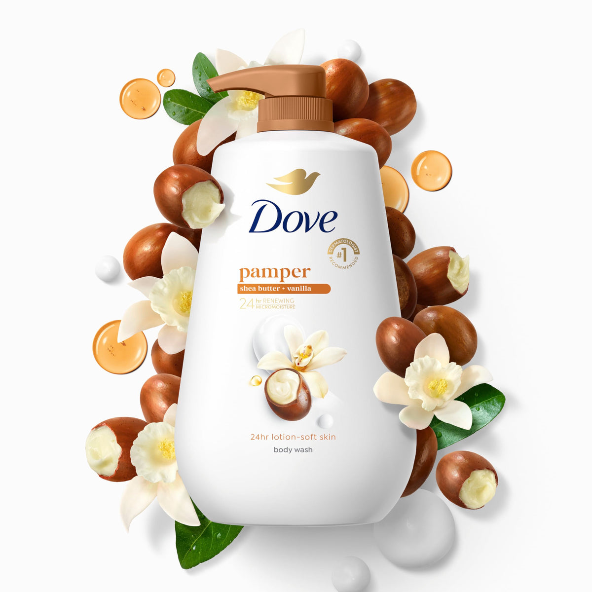 Dove Gel Douche Beurre de Karité & Vanille près d'une baignoire