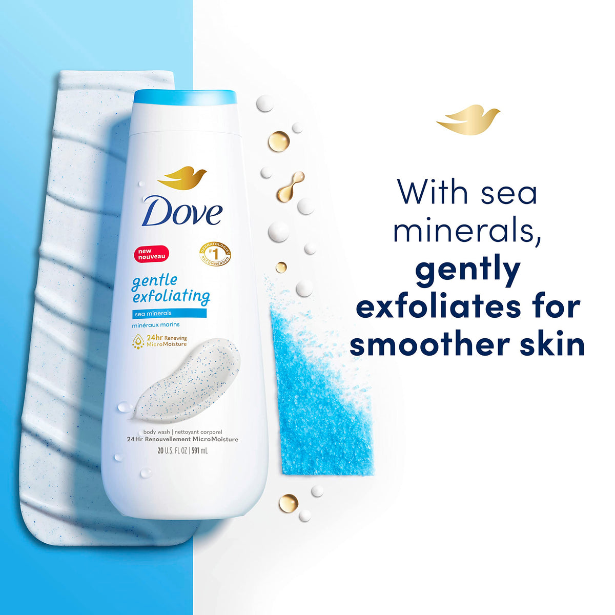 Dove Gel Douche Exfoliant Doux 4x 20 oz dans une salle de bain élégante