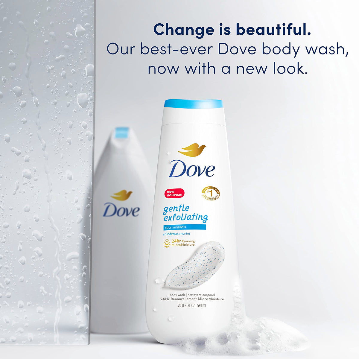 Dove Gel Douche Exfoliant Doux 4x 20 oz montrant la texture crémeuse