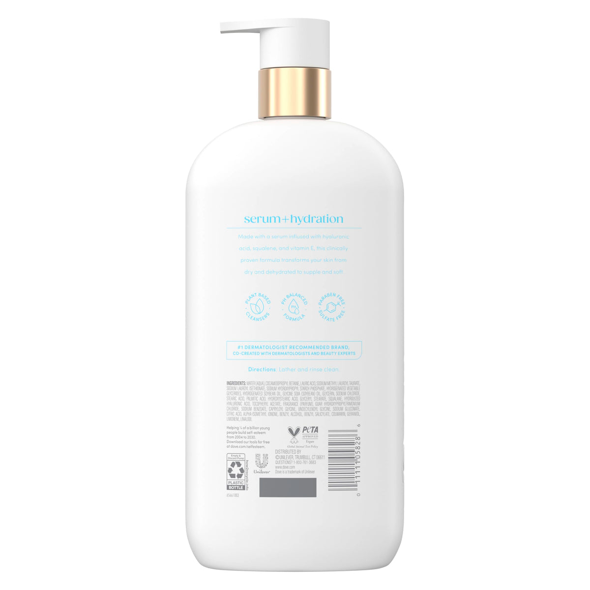Dove Gel Douche Sérum Hydratation 30 fl oz dos de l'emballage
