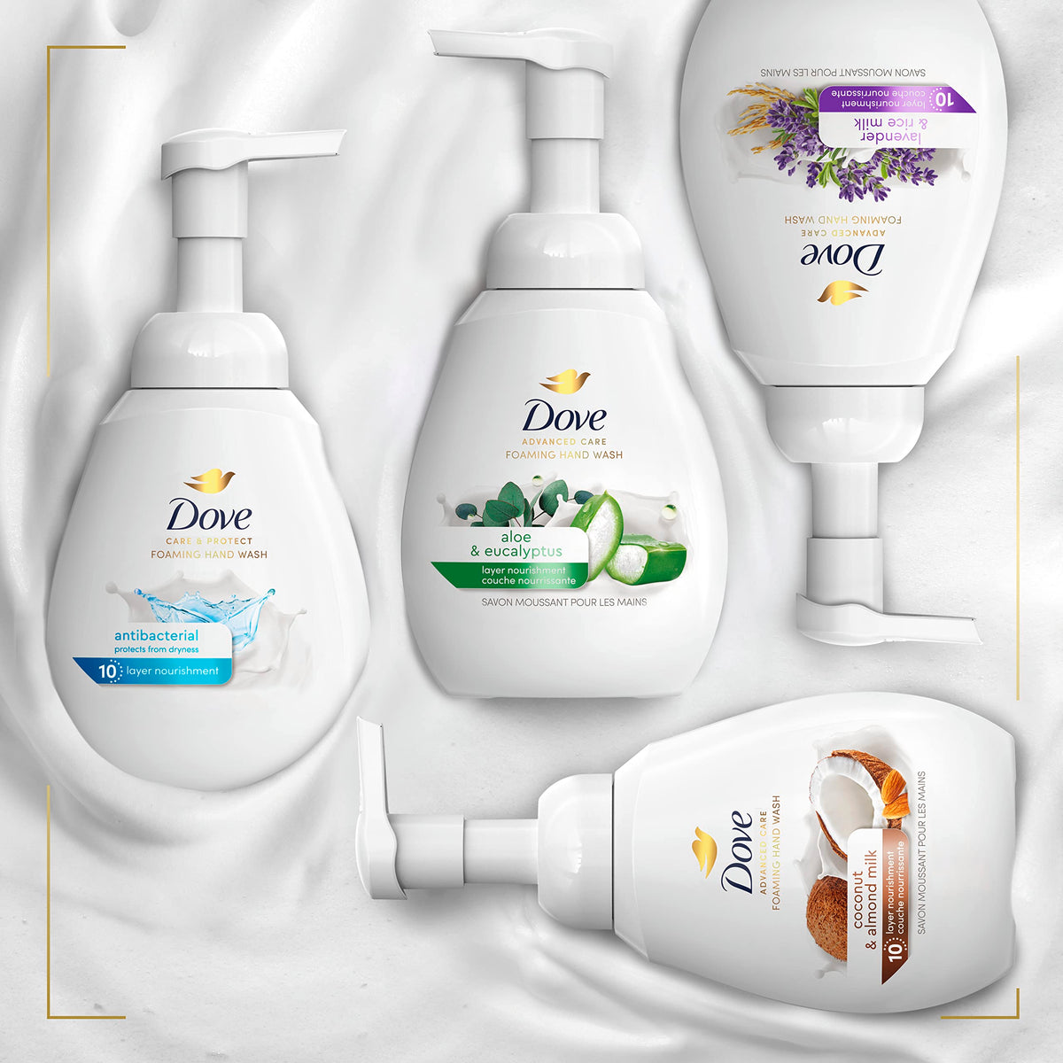 Dove gel moussant pour les mains Aloe & Eucalyptus, mise en situation sur un lavabo