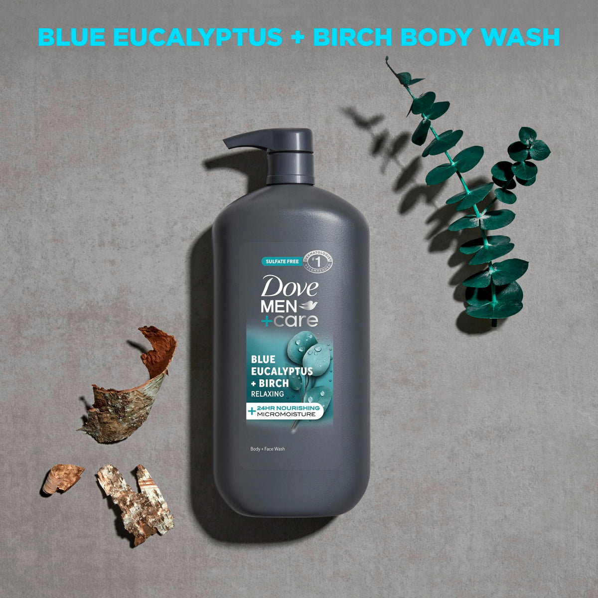 DOVE MEN + CARE Gel Douche Eucalyptus Bleu 980g sur un fond de salle de bain