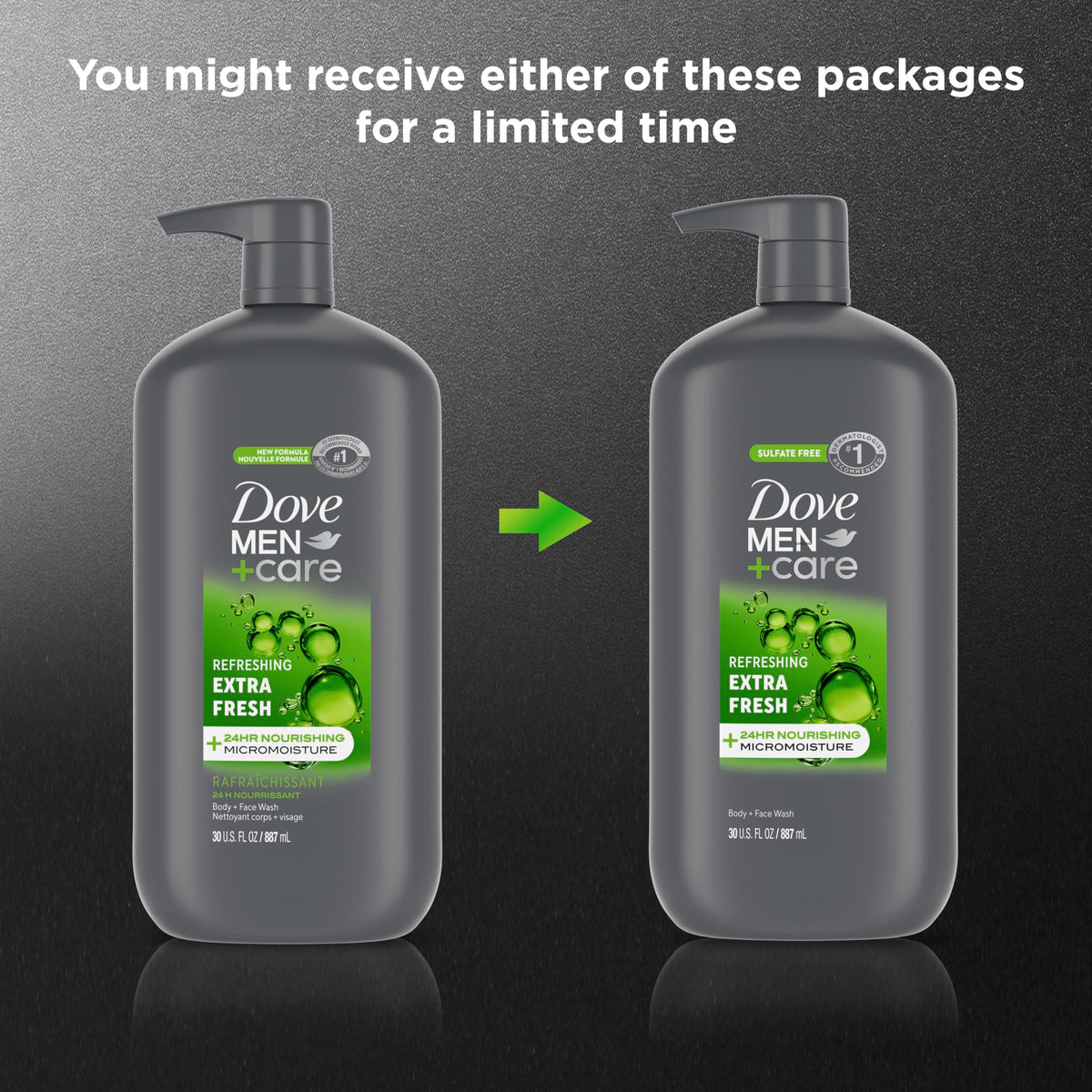 DOVE MEN + CARE Gel Douche Extra Frais 30 oz sur un fond de salle de bain