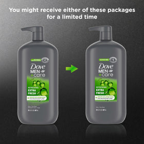 DOVE MEN + CARE Gel Douche Extra Frais 30 oz sur un fond de salle de bain