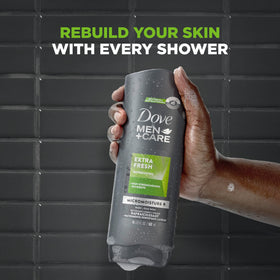 DOVE MEN + CARE Gel Douche Extra Frais, flacon à côté des accessoires de douche