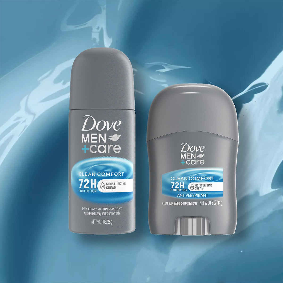 Dove Men+Care set complet de 4 pièces sur fond blanc