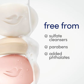 Dove Savon Beauté, modèle blanc avec pêche blanche et lait de riz en arrière-plan