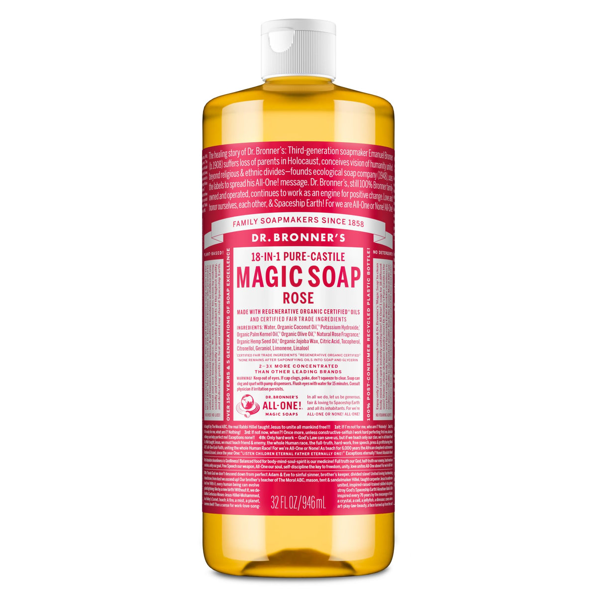 Dr. Bronner's Savon Liquide Pur-Castile à la Rose 32 oz vue de face