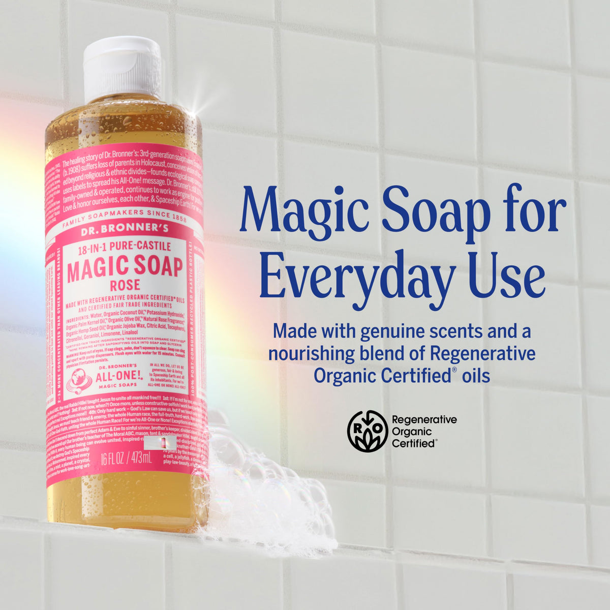 Dr. Bronner's Savon Liquide Pur-Castile Rose bouteille avec étiquette
