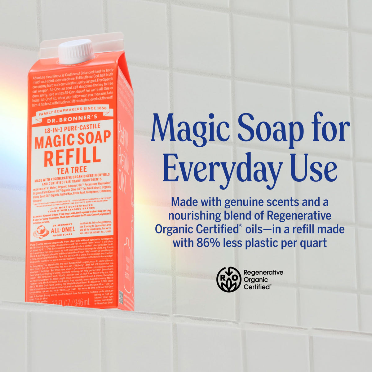 Dr. Bronner's Savon Liquide Pur-Castille Recharge Tea Tree 32 oz détails des ingrédients
