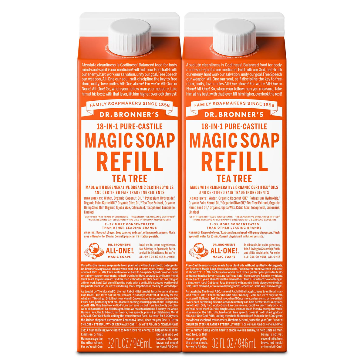 Dr. Bronner's Savon Liquide Pur-Castille Recharge Tea Tree 32 oz vue avant