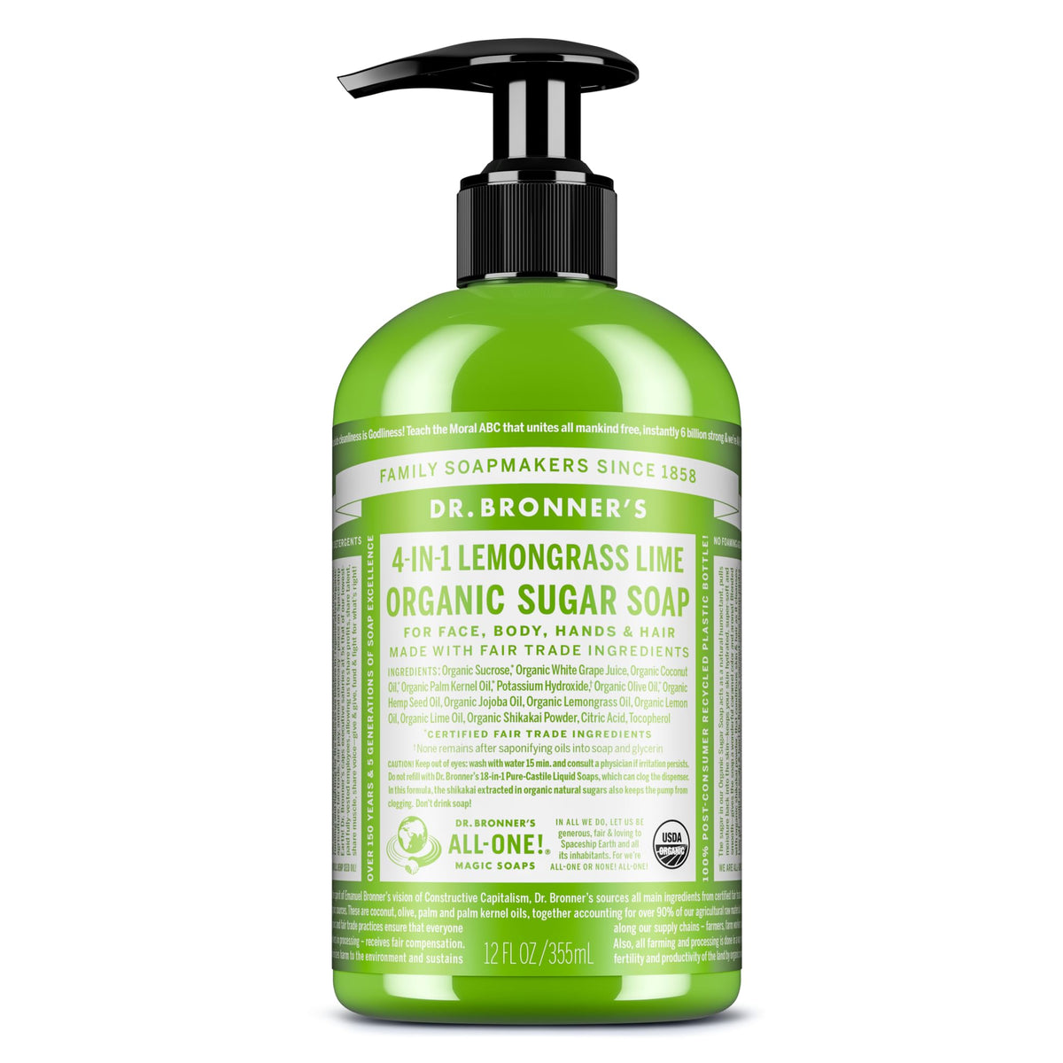 Dr. Bronner's Savon Liquide Sucre Bio 355 ml vue de face