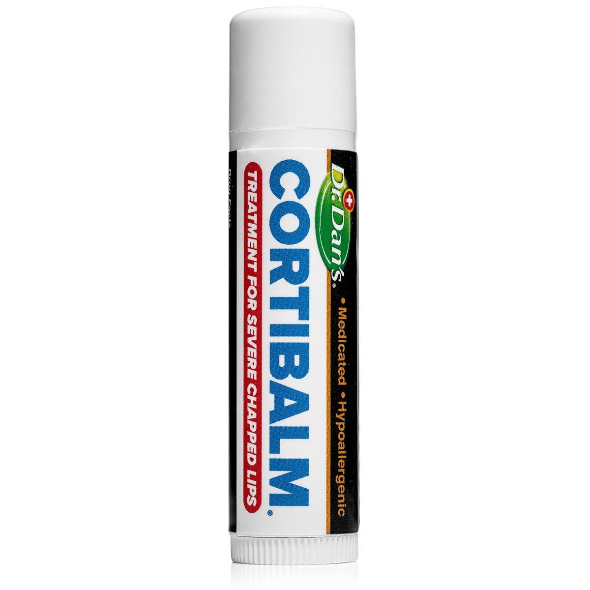Dr. Dan's Cortibalm baume à lèvres avec ingrédients en arrière-plan