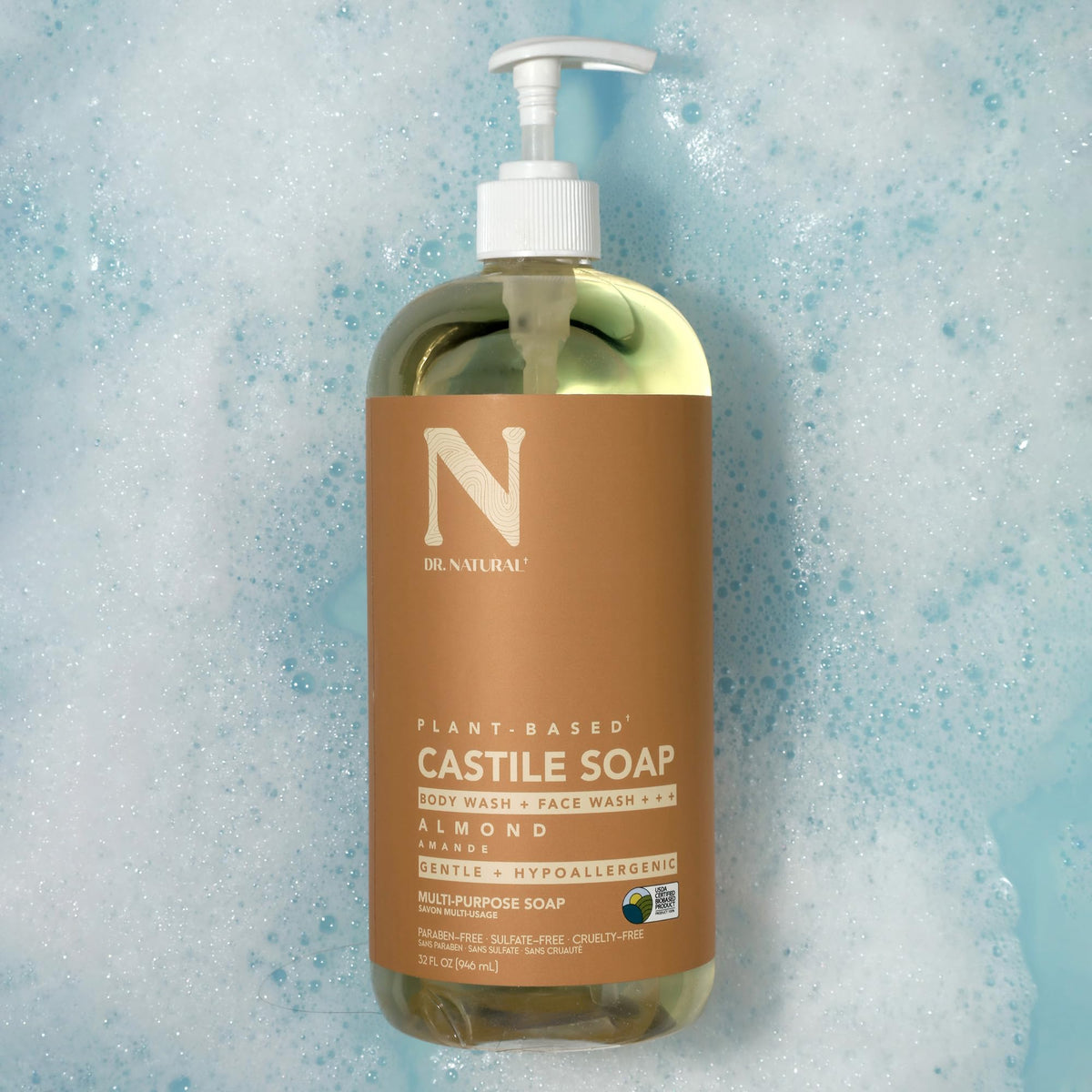 Dr. Natural Savon Liquide de Castille sur un support de douche