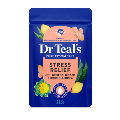 Dr Teal's Sel d'Epsom 1406g emballage avec illustration de ginseng et gingembre