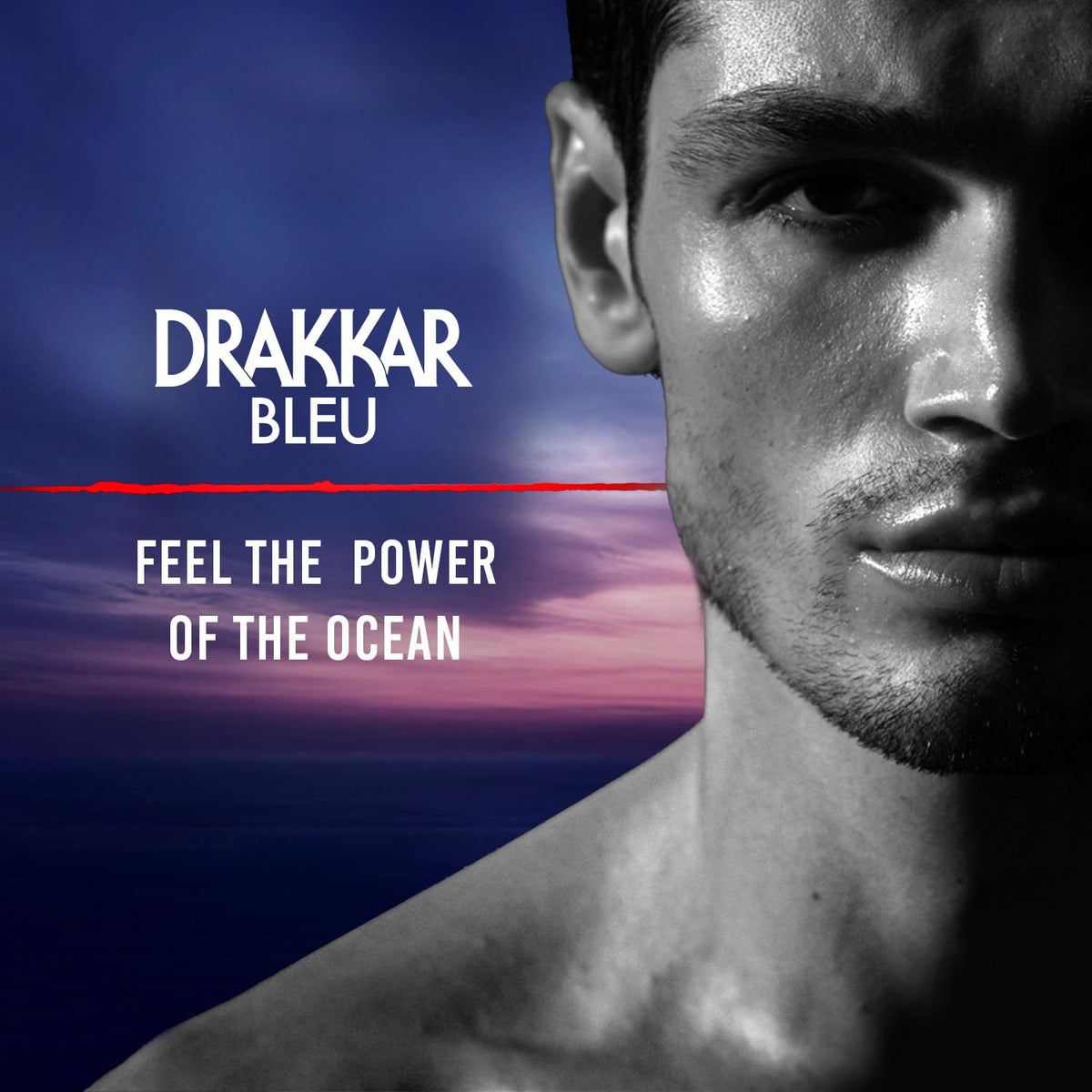 Drakkar Bleu vaporisé sur peau, montrant l'application du parfum