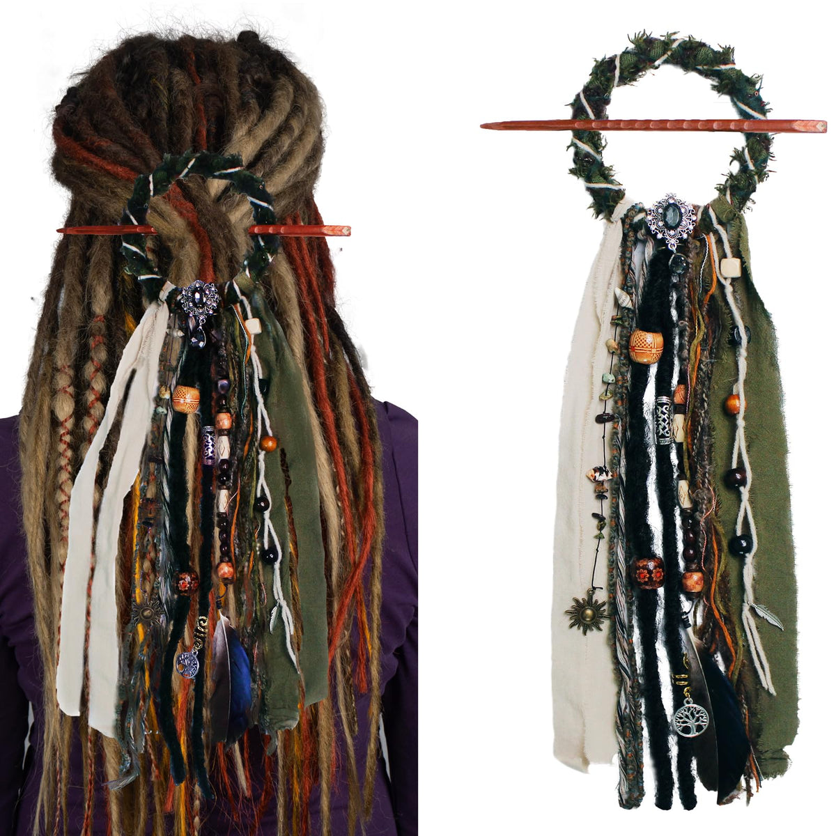 Dreadlock Hair Tie vert avec perles en bois et pierres naturelles