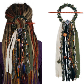Dreadlock Hair Tie vert avec perles en bois et pierres naturelles