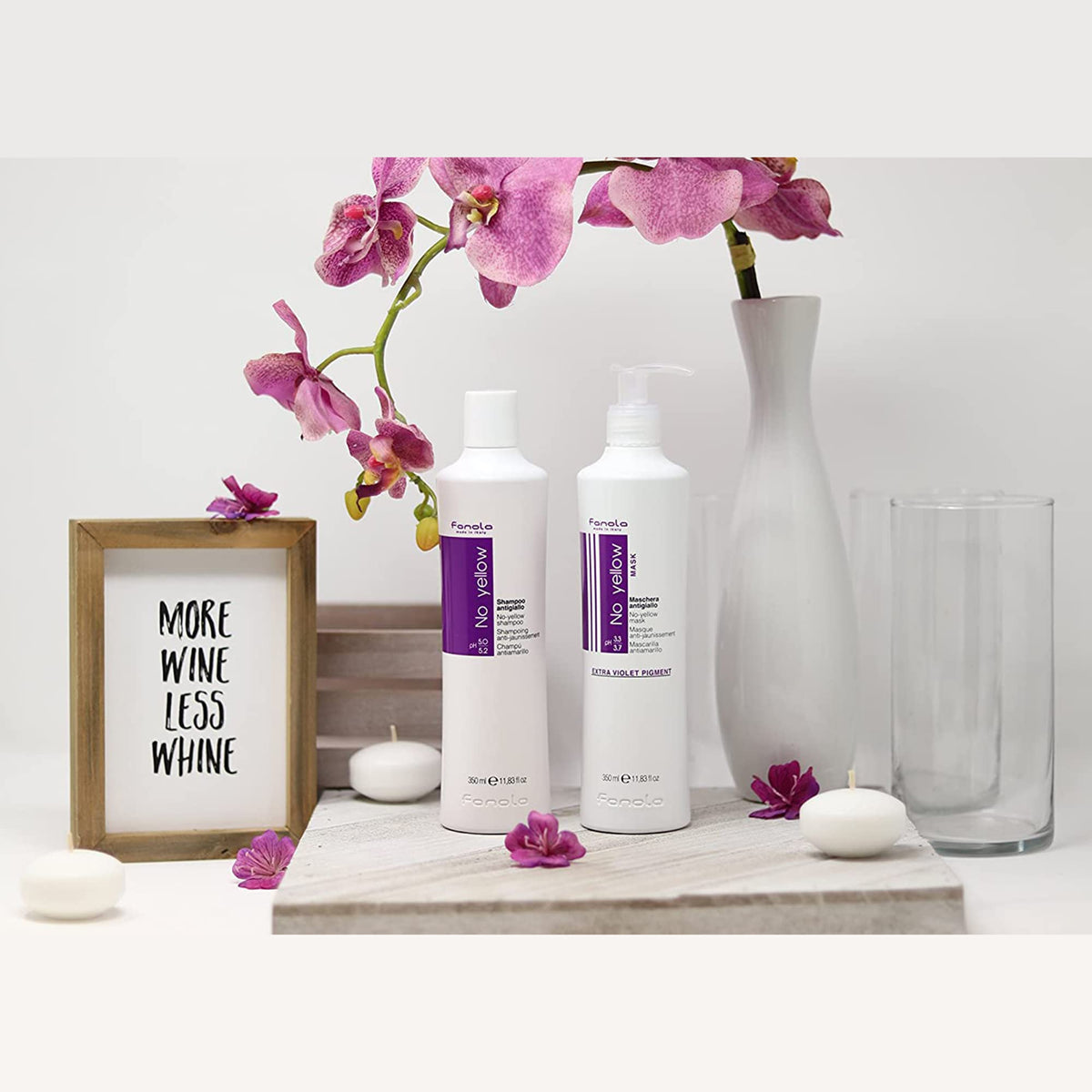 Duo Fanola No Yellow Shampoo et Masque sur fond blanc