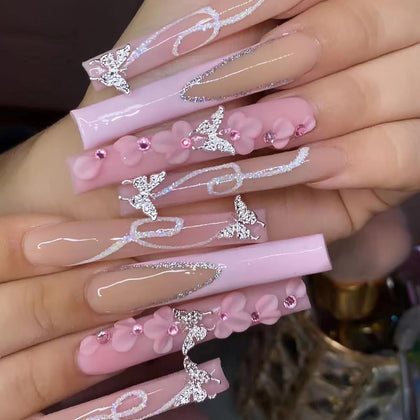 DZPGUONIZ Faux Ongles Press-On Longs Carrés avec Strass et Fleurs - Vue de face
