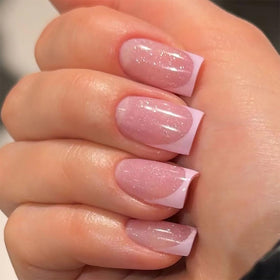 DZPGUONIZ Faux Ongles Press On Rose avec Paillettes Blanches - Vue de face