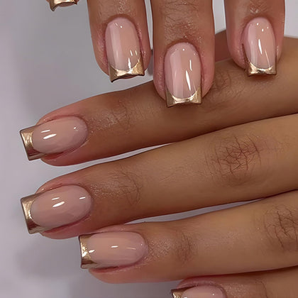 DZPGUONIZ Faux Ongles Pressés Dorés avec Design Glitter Rose Nude, vue de face