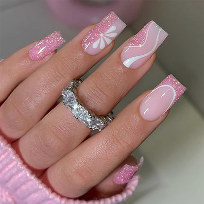 DZPGUONIZ faux ongles pressés rose foncé avec design floral