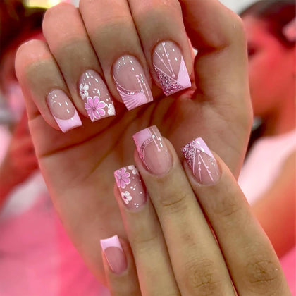 DZPGUONIZ faux ongles pressés roses avec design fleurs cerisier
