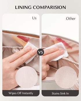 EACHY trousse de maquillage brune posée sur une table avec des cosmétiques