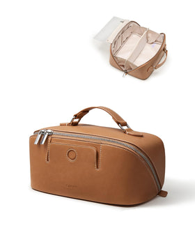 EACHY trousse de maquillage brune vue avant avec détails en tissu nacré