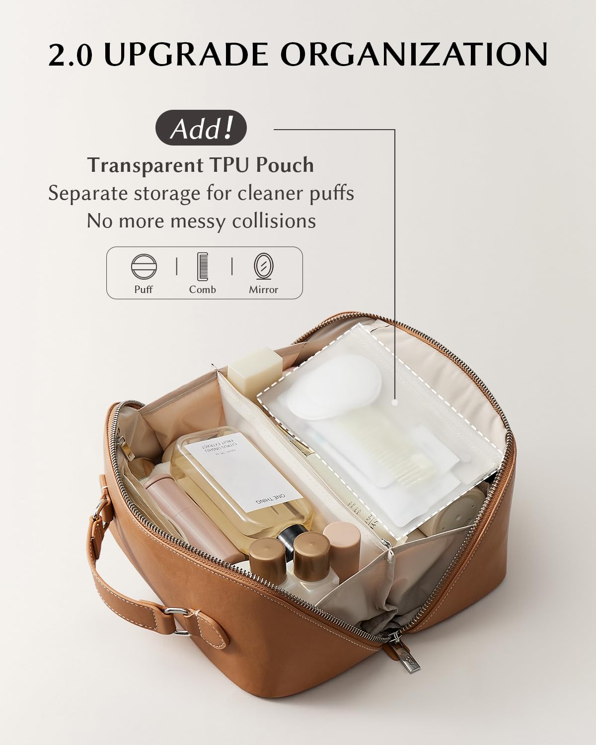 EACHY trousse de maquillage brune vue latérale montrant les poches de rangement