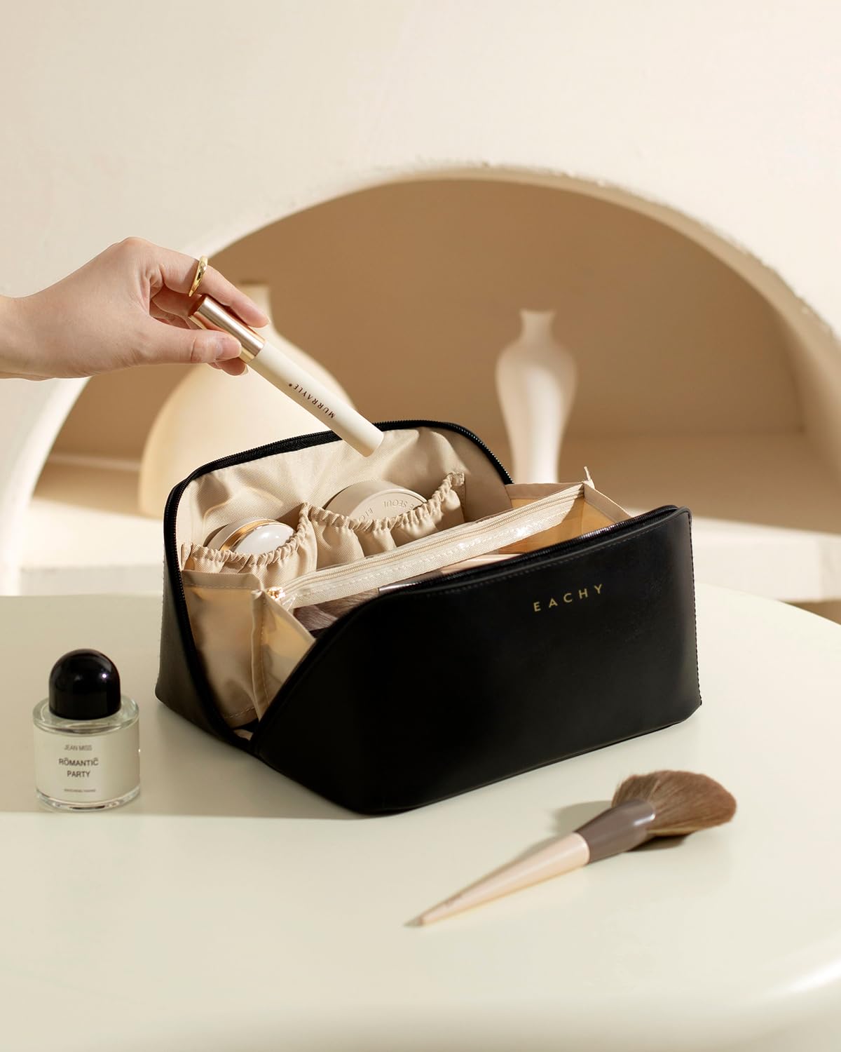EACHY trousse de maquillage en cuir PU noir