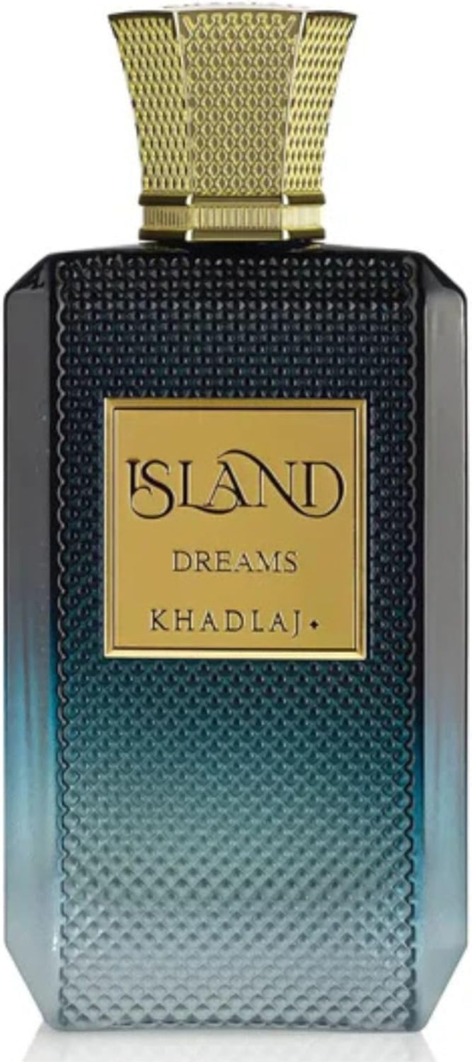 Eau de Parfum Khadlaj Island Dreams sur une table avec des fleurs