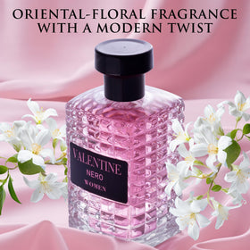 Eau de Parfum URBAN COLLECTION Valentine avec fleurs en arrière-plan