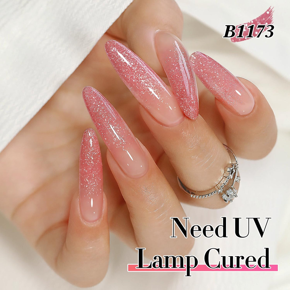 Échantillon d'ongles avec vernis gel pailleté rose