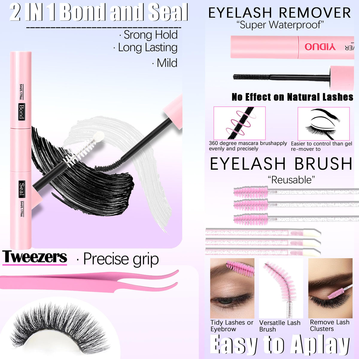 Échantillons de cils du kit YIDUO affichés sur un fond neutre