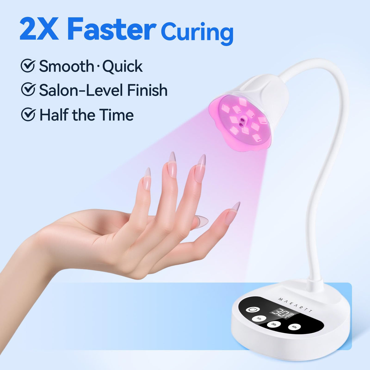 Écran LCD de la lampe UV LED Makartt affichant le temps de durcissement