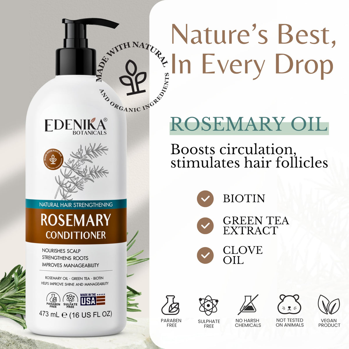 EDENIKA BOTANICALS Après-Shampooing Huile de Romarin 473 ml en utilisation sur cheveux