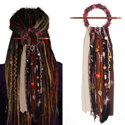 Élastique pour dreadlocks fait main en bois et pierres naturelles, vue de face