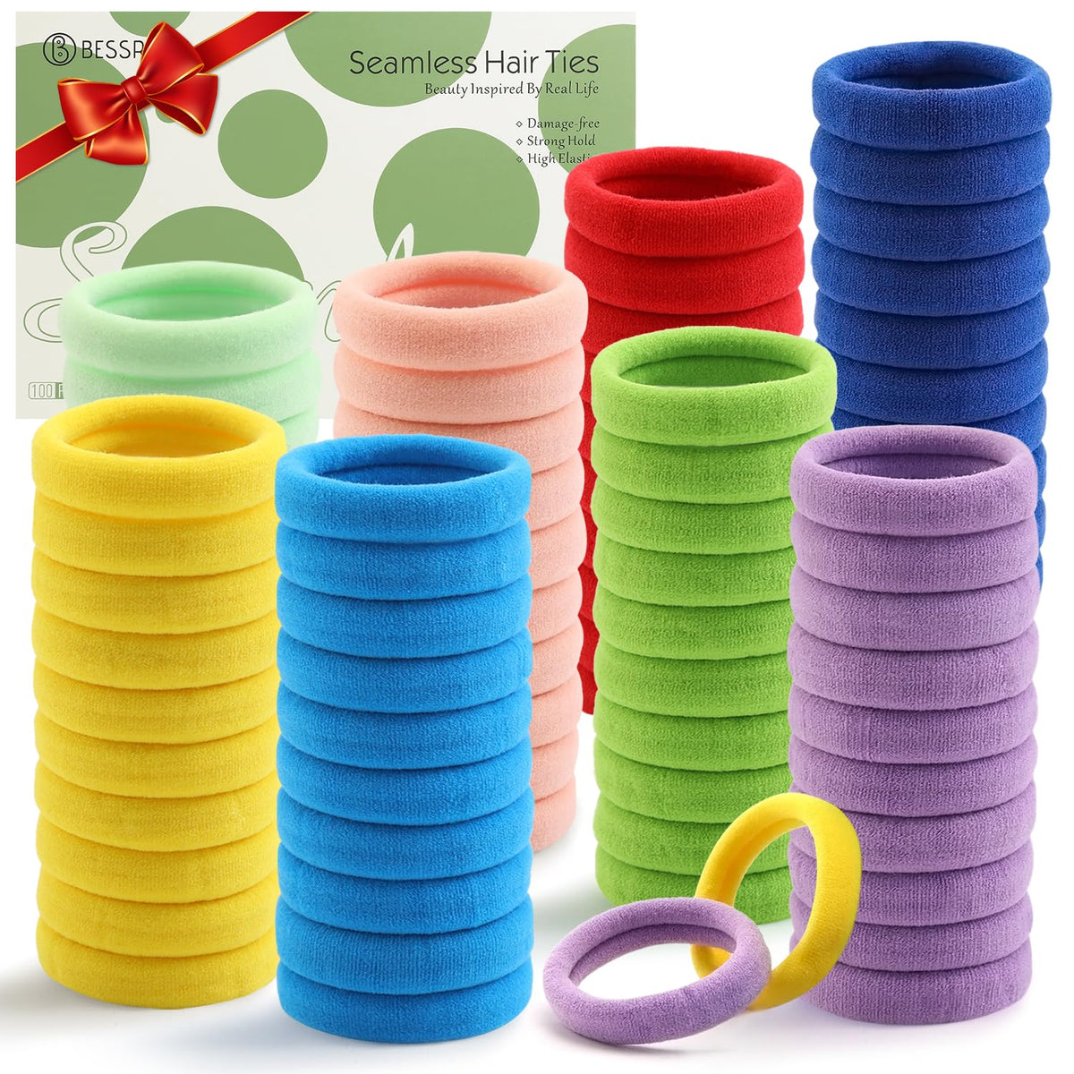 Élastiques à cheveux Bessrung 100PCS en couleur arc-en-ciel, vue de face.