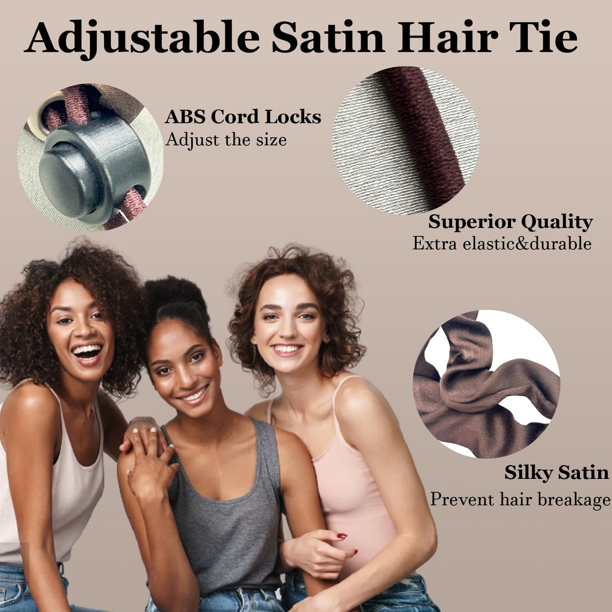Élastiques à cheveux Bswox en satin, présentés avec des cheveux bouclés